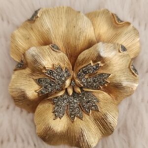 Crown Trifari Gold and Rhinestones Floral Brooch